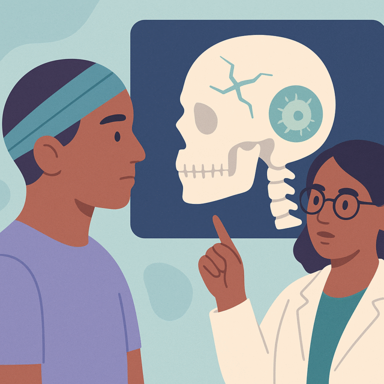 Skull X-Ray Shows Complications After Head Injury – illustration