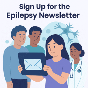 Illustration promoting epilepsy newsletter signup, showing diverse people with doctor and caregivers, surrounded by neuron artwork, with email icon on tablet/laptop.