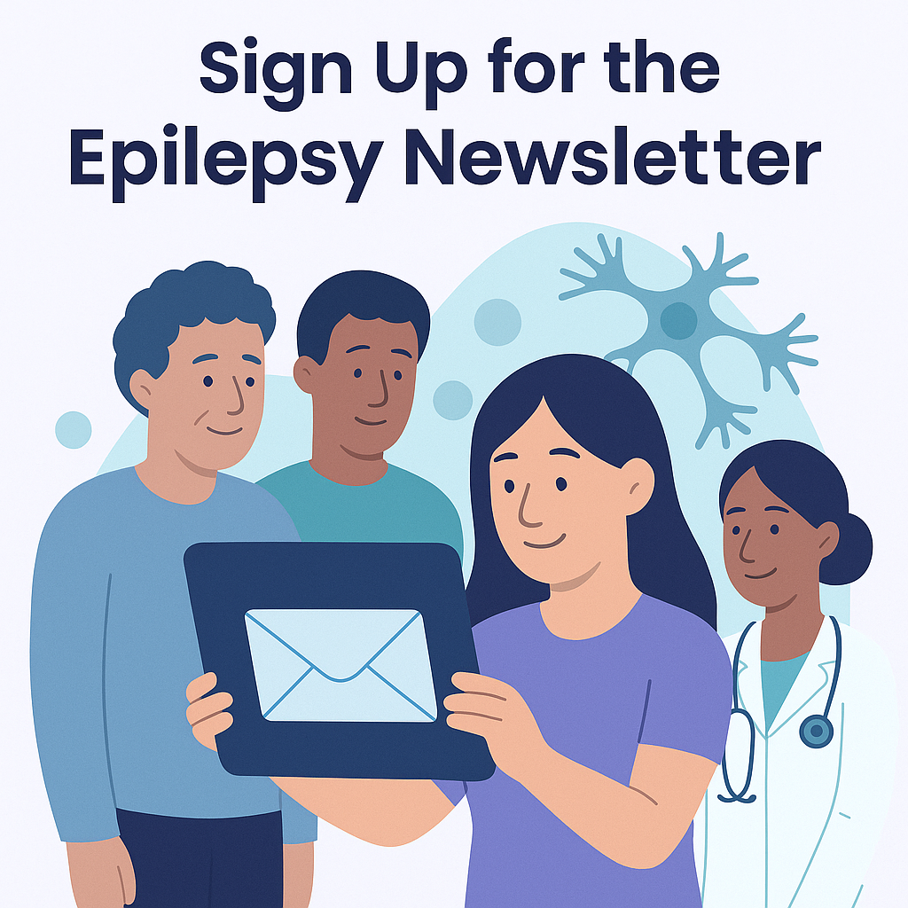 Illustration promoting epilepsy newsletter signup, showing diverse people with doctor and caregivers, surrounded by neuron artwork, with email icon on tablet/laptop.