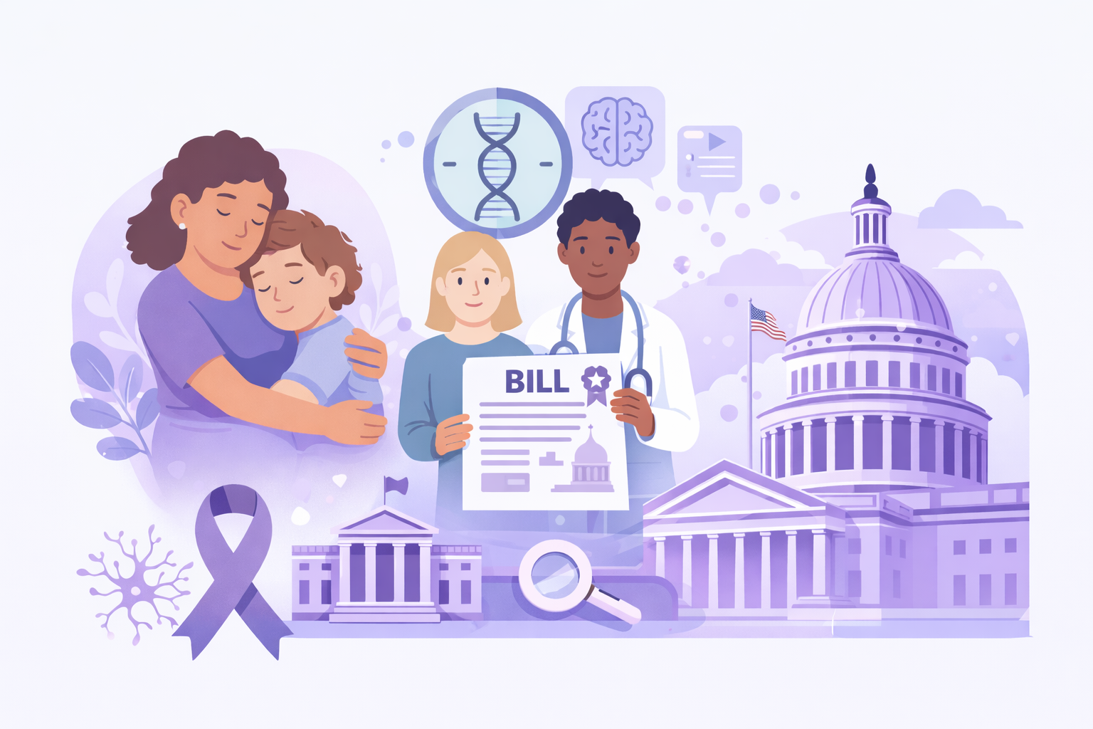 Illustration of a parent hugging a child, a doctor and caregiver holding a bill document, and the U.S. Capitol with epilepsy awareness icons in purple.