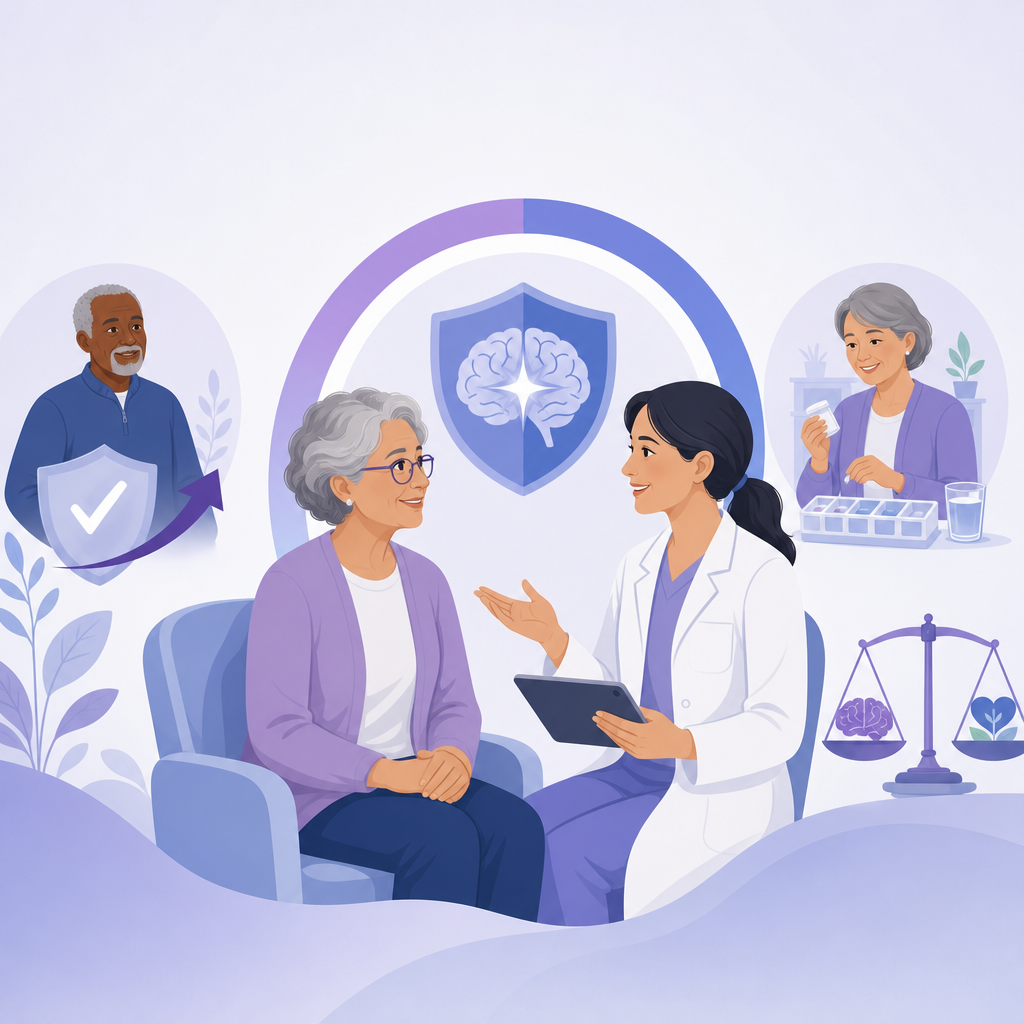 Older adults discussing epilepsy medicines with a clinician, with illustrations of medication routines and a brain.