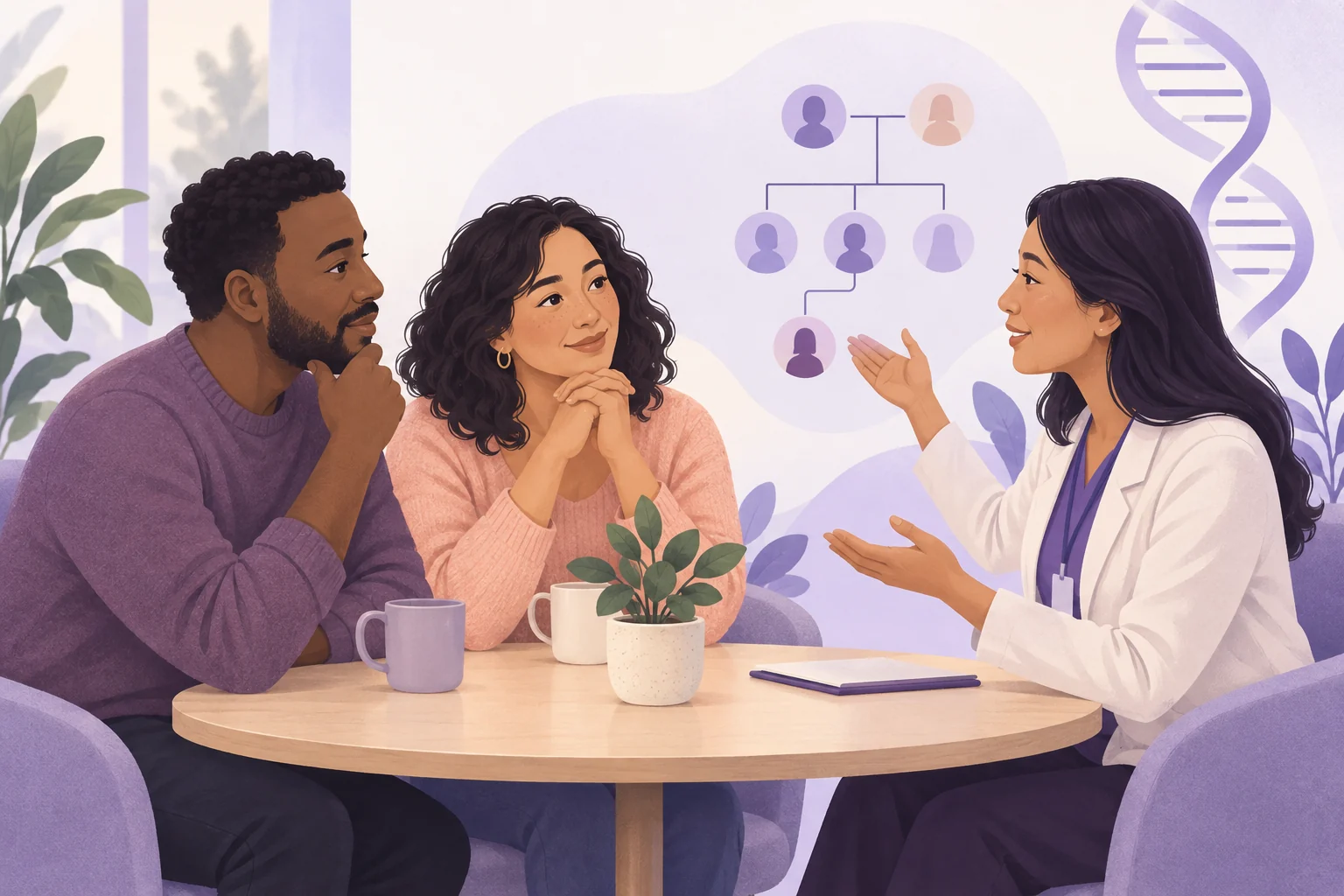 Illustration of adults discussing genetic testing with a counselor beside a family-tree and DNA motif.