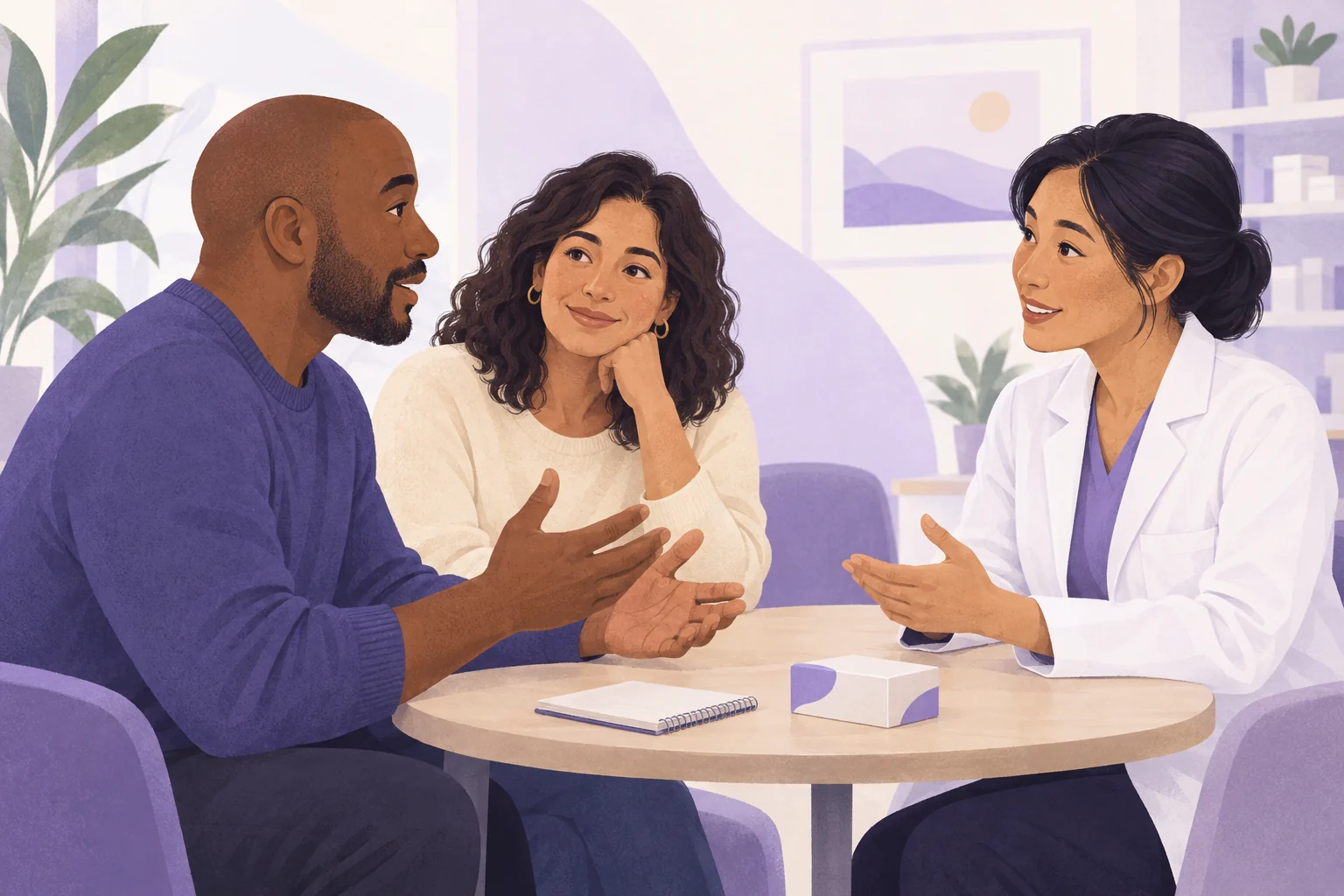 Illustration of adults asking a pharmacist questions with a notebook and closed medicine box nearby.