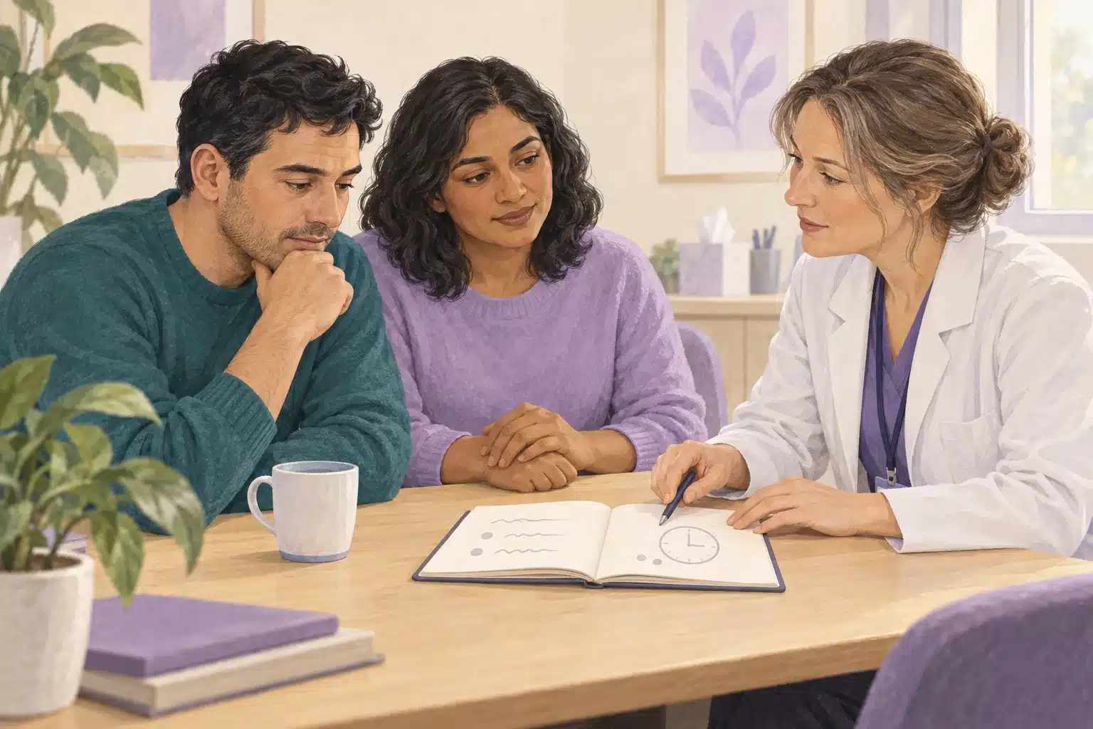 Illustration of an adult and supporter describing an event with a clinician, using an open notebook.