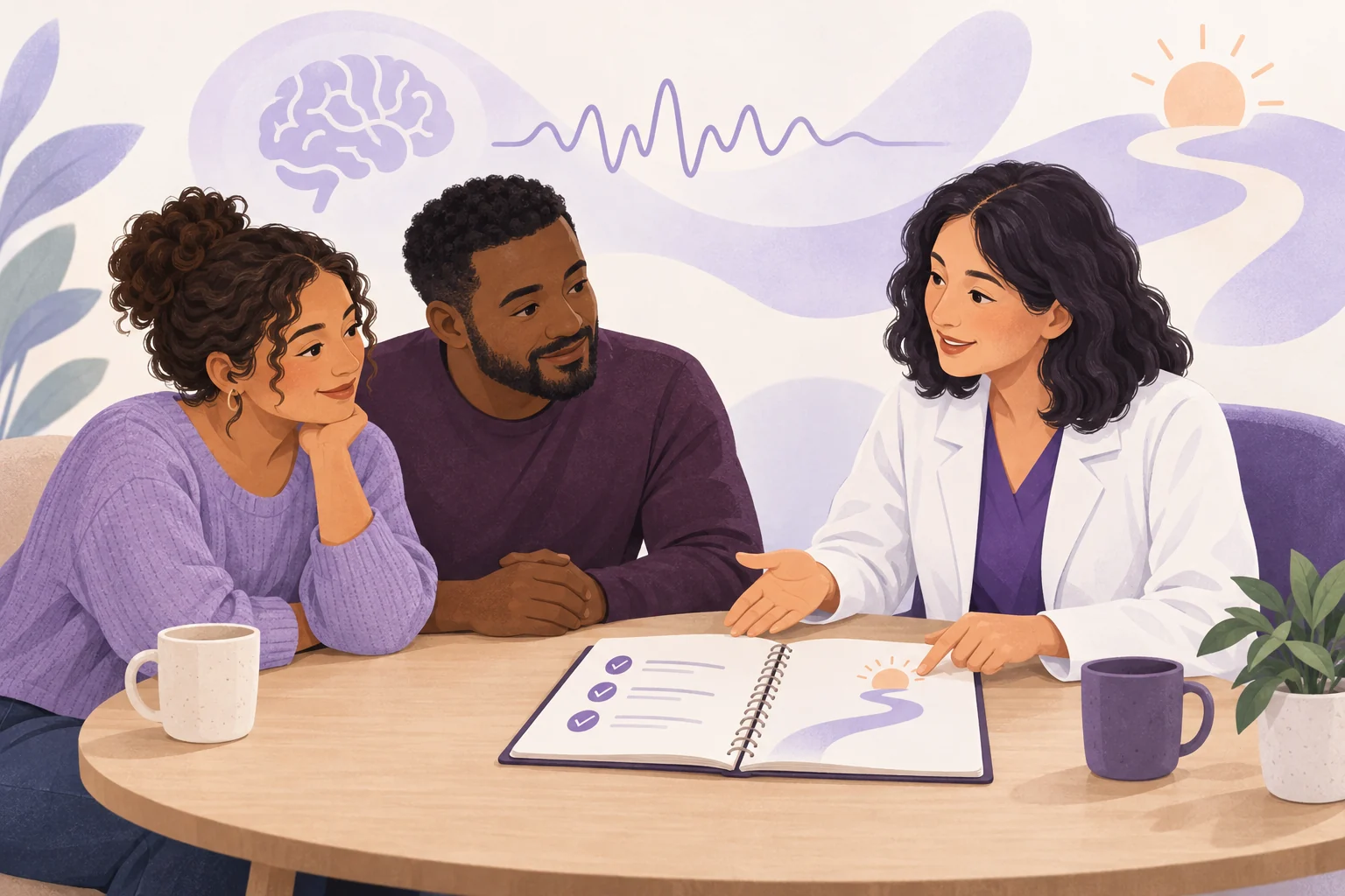 Illustration of two adults talking with a clinician and preparing questions in a notebook.